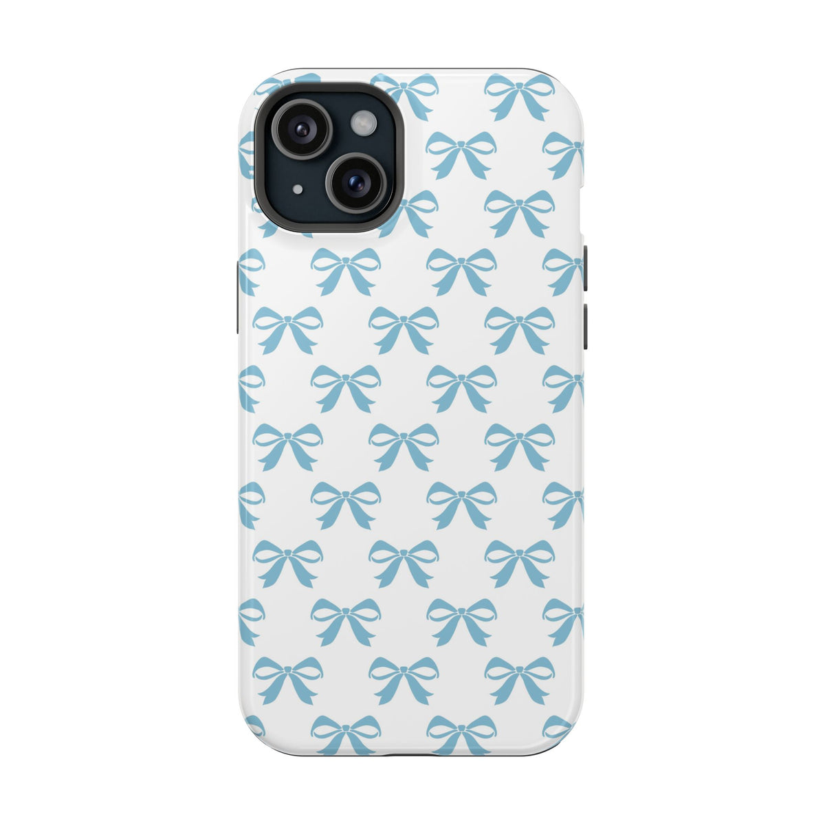 Baby Blue Bow protective phone case for iPhone 15 Plus, glossy finish