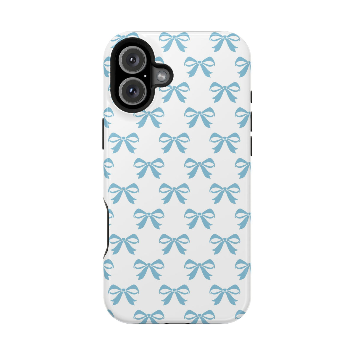 Baby Blue Bow protective phone case for iPhone 16 Plus, glossy finish