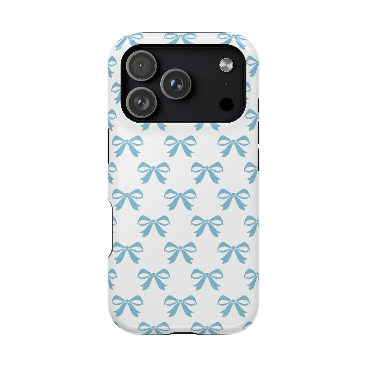 Baby Blue Bow protective phone case for iPhone 17 Pro, glossy finish