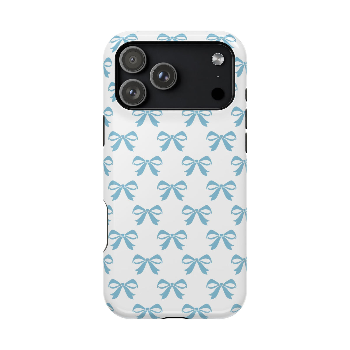 Baby Blue Bow protective phone case for iPhone 17 Pro Max, glossy finish