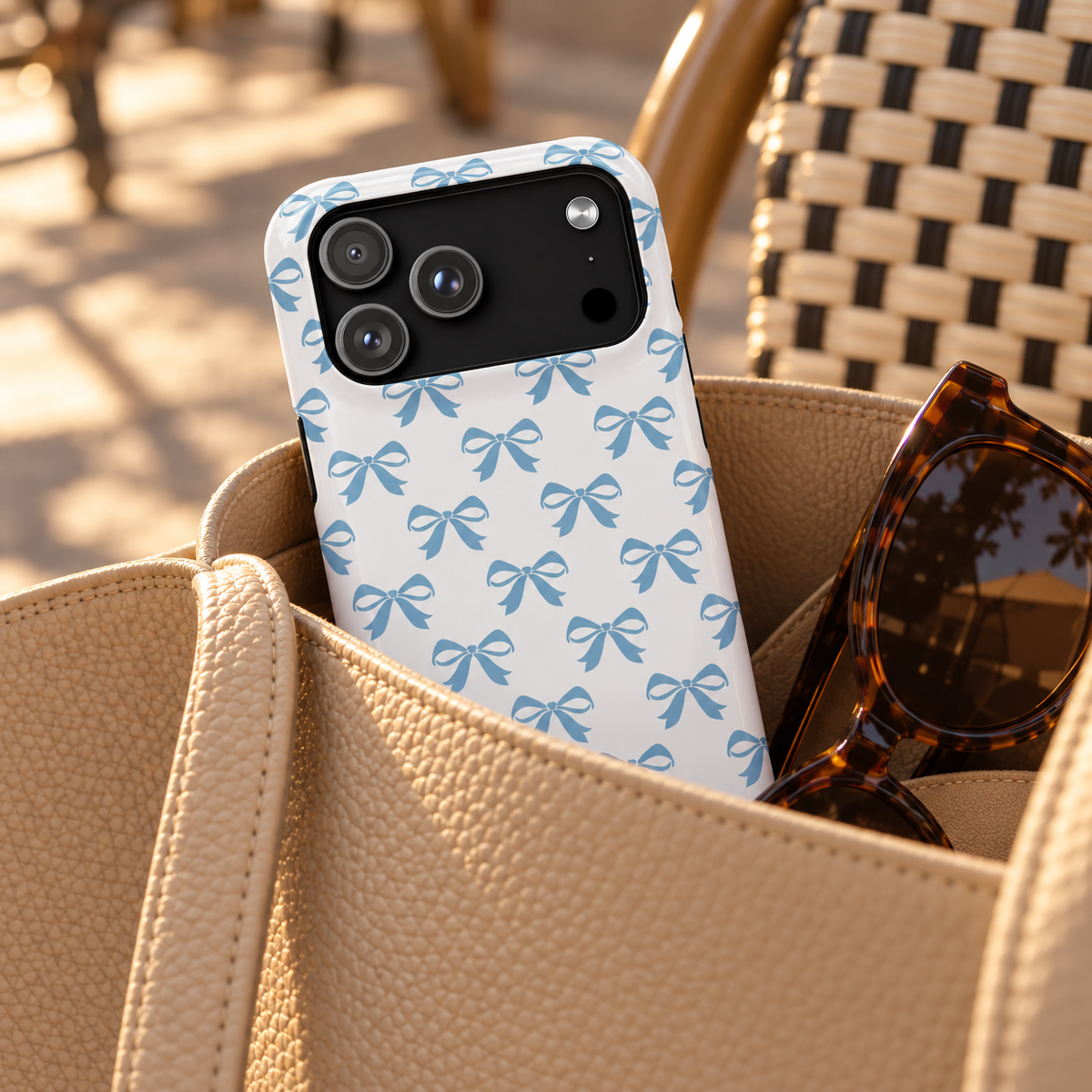 Baby Blue Bow protective phone case, baby blue bows on white, lifestyle photo in a handbag