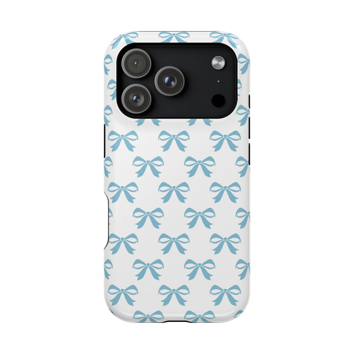 Baby Blue Bow MagSafe case for iPhone 17 Pro, glossy finish