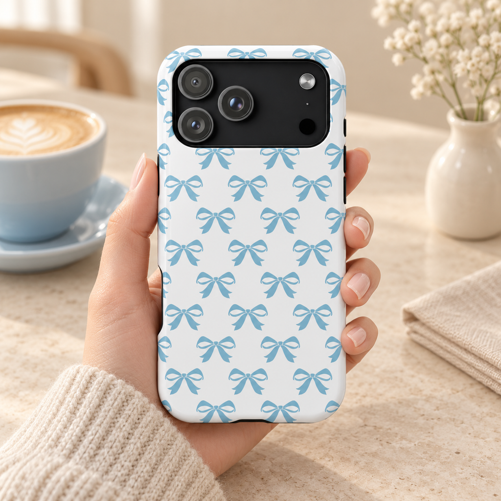 Baby Blue Bow MagSafe case, baby blue bows on white, lifestyle photo in hand with coffee