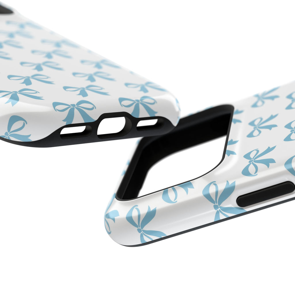 Baby Blue Bow MagSafe case, close-up at an angle
