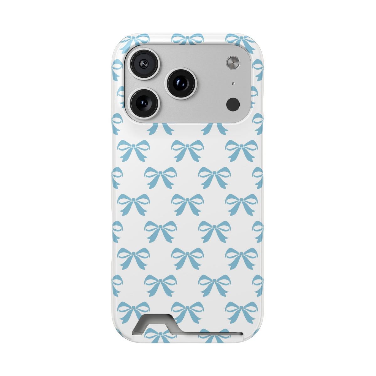 Baby Blue Bow phone case with card holder for iPhone 17 Pro, glossy finish