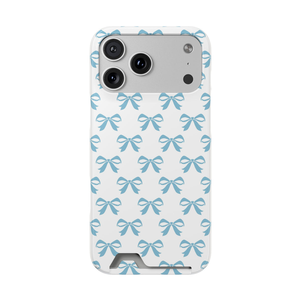 Baby Blue Bow phone case with card holder for iPhone 17 Pro Max, glossy finish