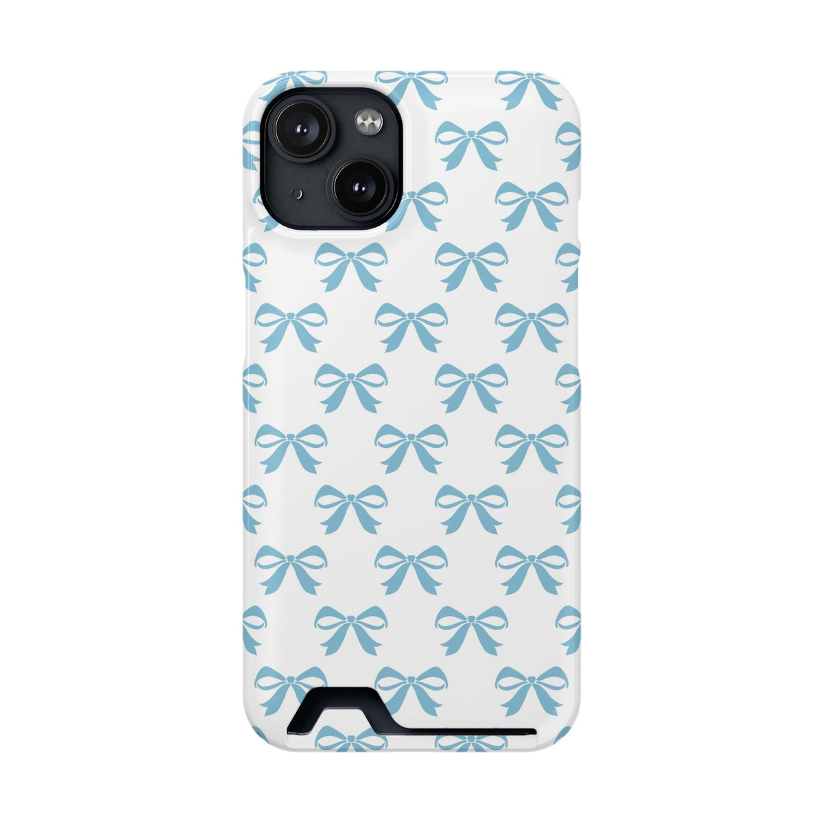 Baby Blue Bow phone case with card holder for iPhone 14, glossy finish