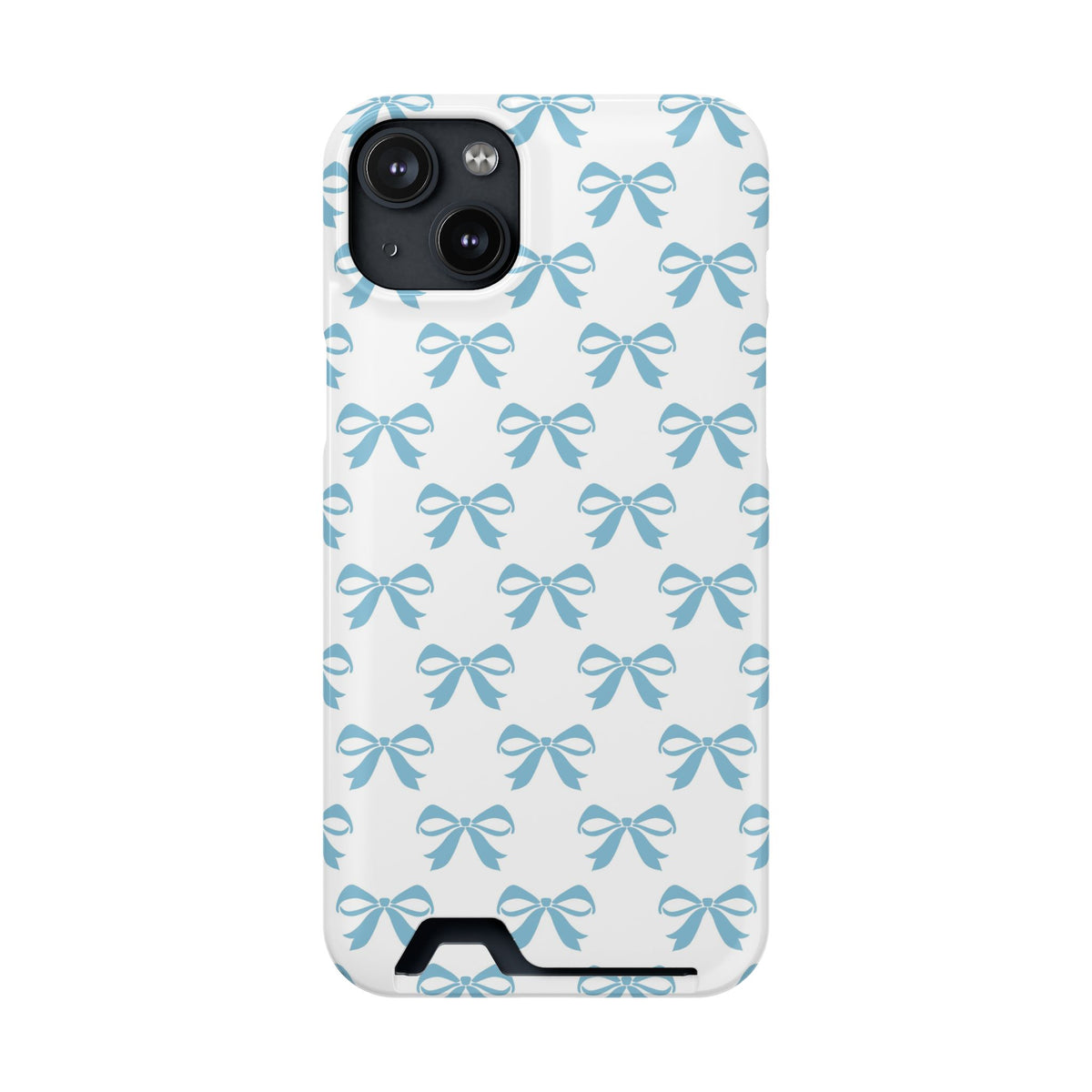 Baby Blue Bow phone case with card holder for iPhone 14 Plus, glossy finish