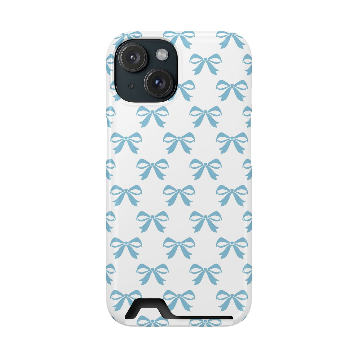 Baby Blue Bow phone case with card holder for iPhone 15, glossy finish