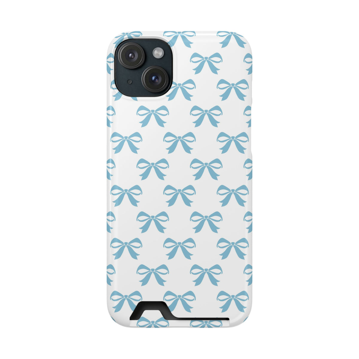 Baby Blue Bow phone case with card holder for iPhone 15 Plus, glossy finish