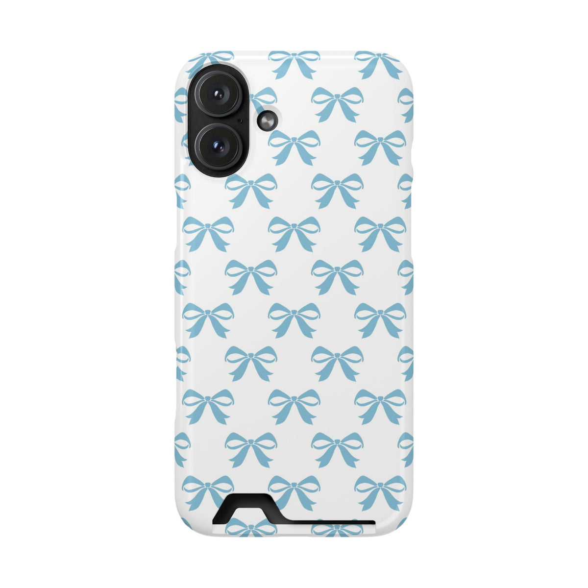Baby Blue Bow phone case with card holder for iPhone 16 Plus, glossy finish