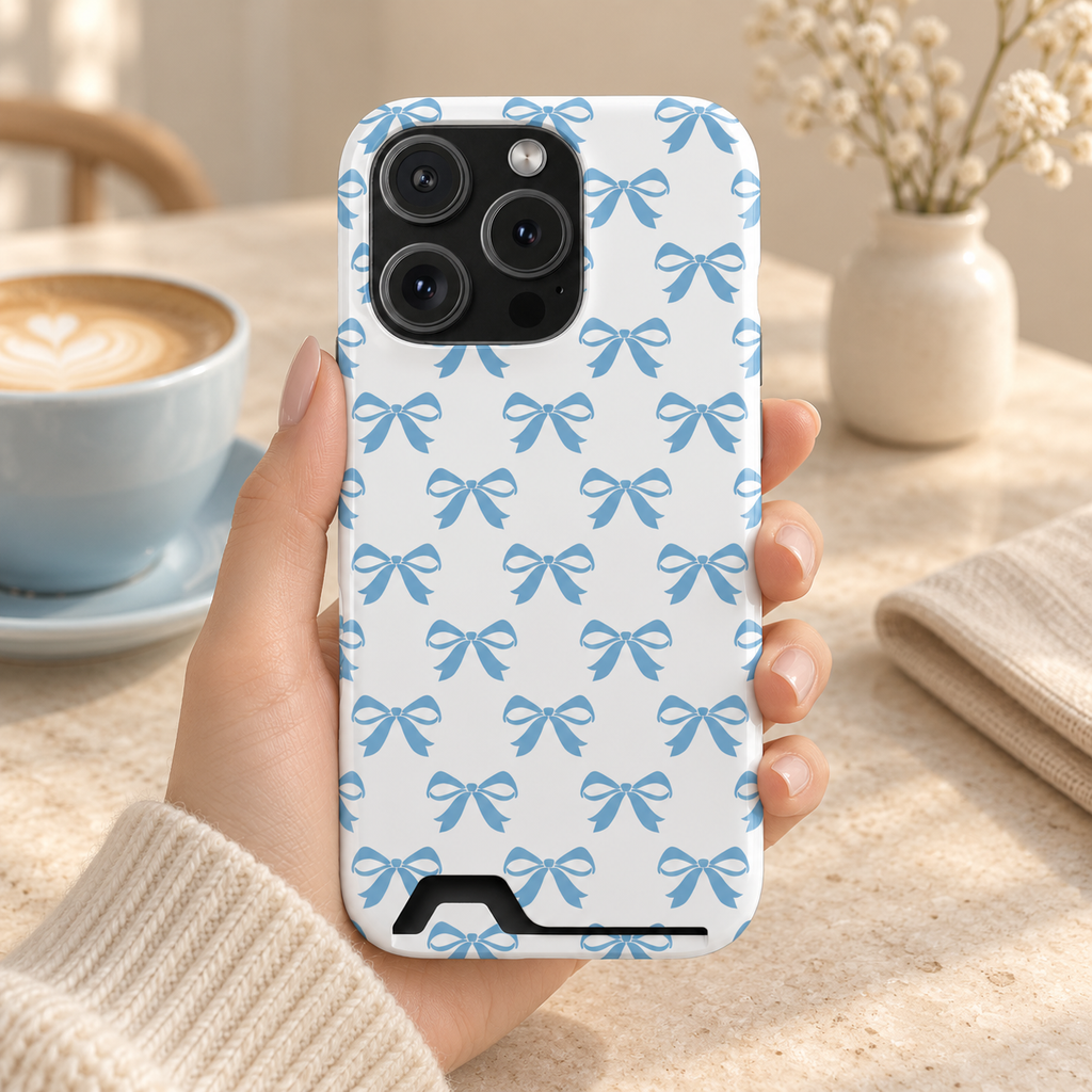 Baby Blue Bow phone case with card holder, baby blue bows on white, lifestyle photo in hand with coffee