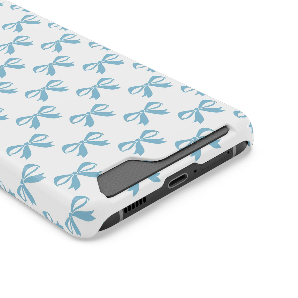 Baby Blue Bow phone case with card holder, close-up of the card slot