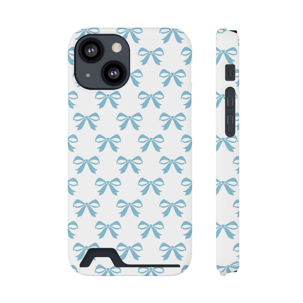 Baby Blue Bow phone case with card holder for iPhone 13 Mini, glossy finish