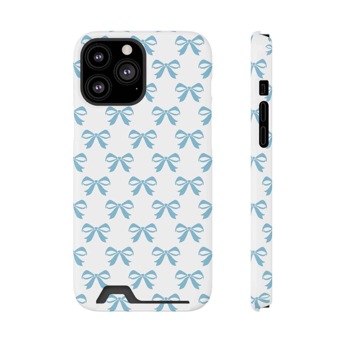 Baby Blue Bow phone case with card holder for iPhone 13 Pro Max, glossy finish