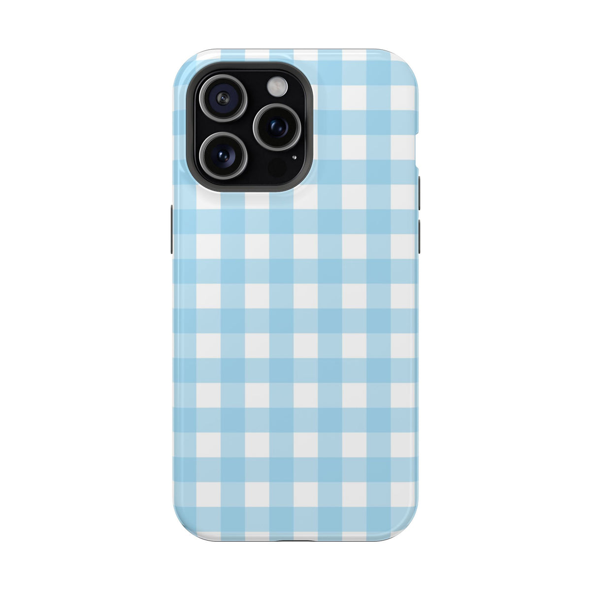 Baby Blue Gingham protective phone case for iPhone 15 Pro Max, glossy finish