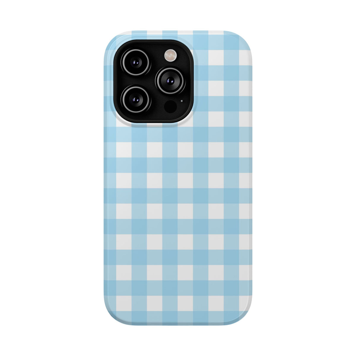 Baby Blue Gingham protective phone case for iPhone 14 Pro, glossy finish