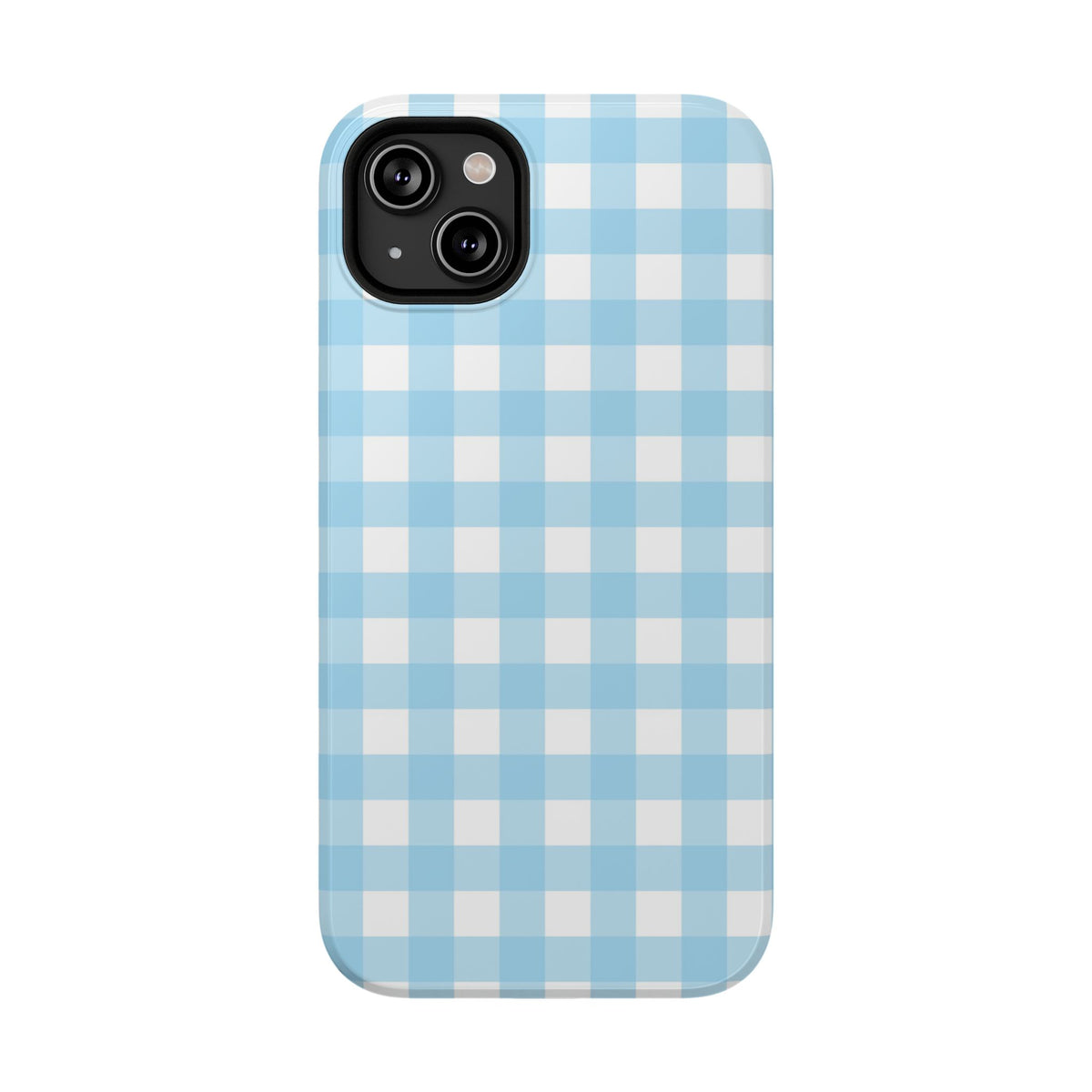 Baby Blue Gingham protective phone case for iPhone 14 Plus, glossy finish
