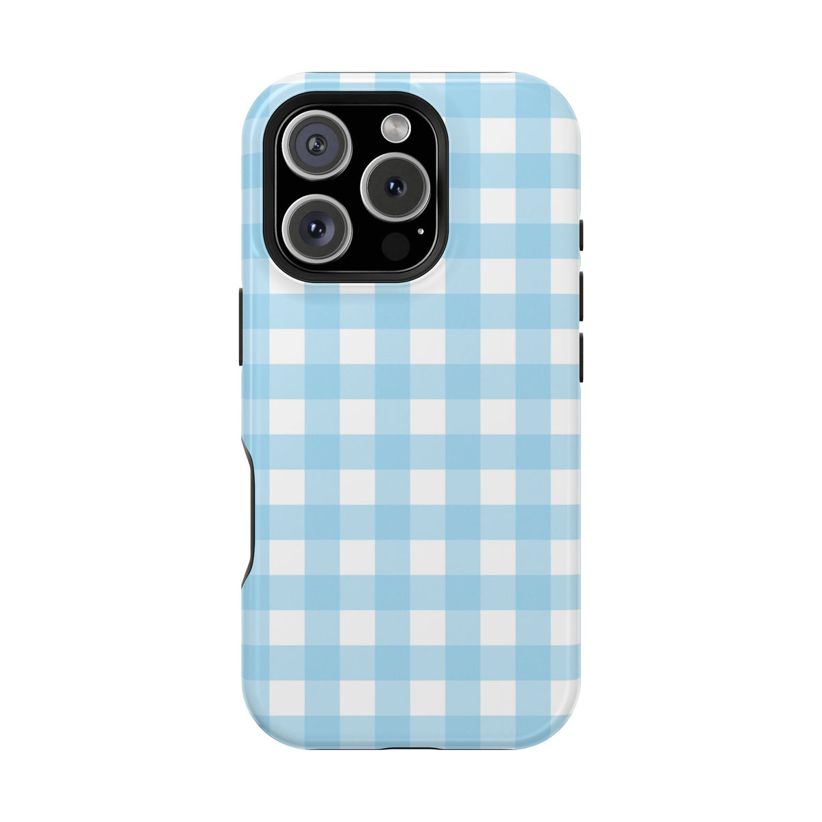 Baby Blue Gingham protective phone case for iPhone 16 Pro, glossy finish
