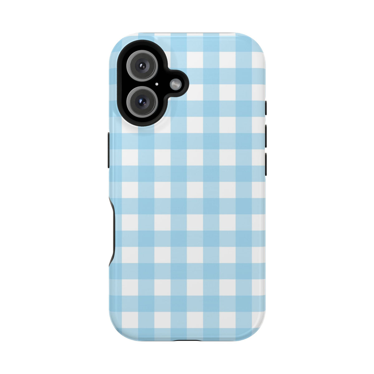 Baby Blue Gingham protective phone case for iPhone 16, glossy finish