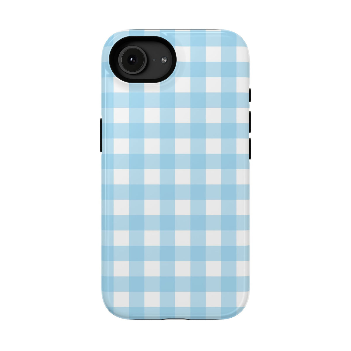 Baby Blue Gingham protective phone case for iPhone 16e, glossy finish