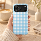 Baby Blue Gingham protective phone case, baby blue gingham checks, lifestyle photo in hand with coffee