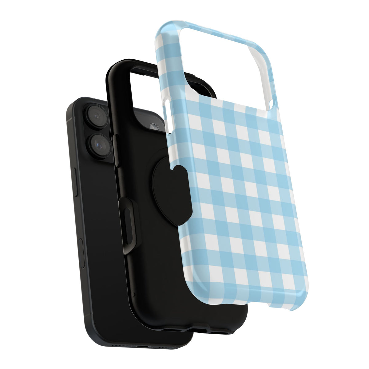 Baby Blue Gingham protective phone case, close-up of the dual-layer construction
