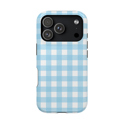 Baby Blue Gingham MagSafe case for iPhone 18 Pro, glossy finish