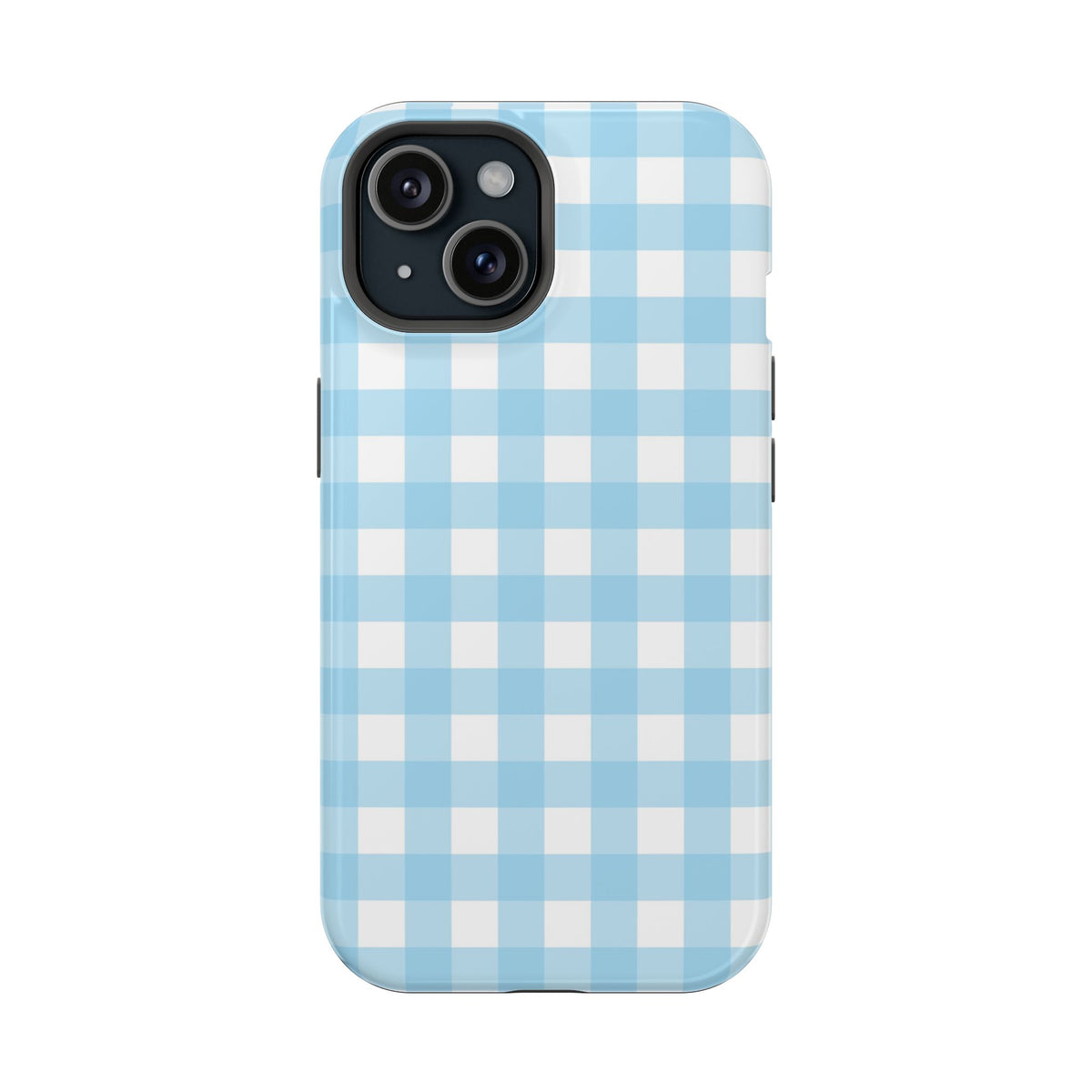 Baby Blue Gingham MagSafe case for iPhone 15, glossy finish