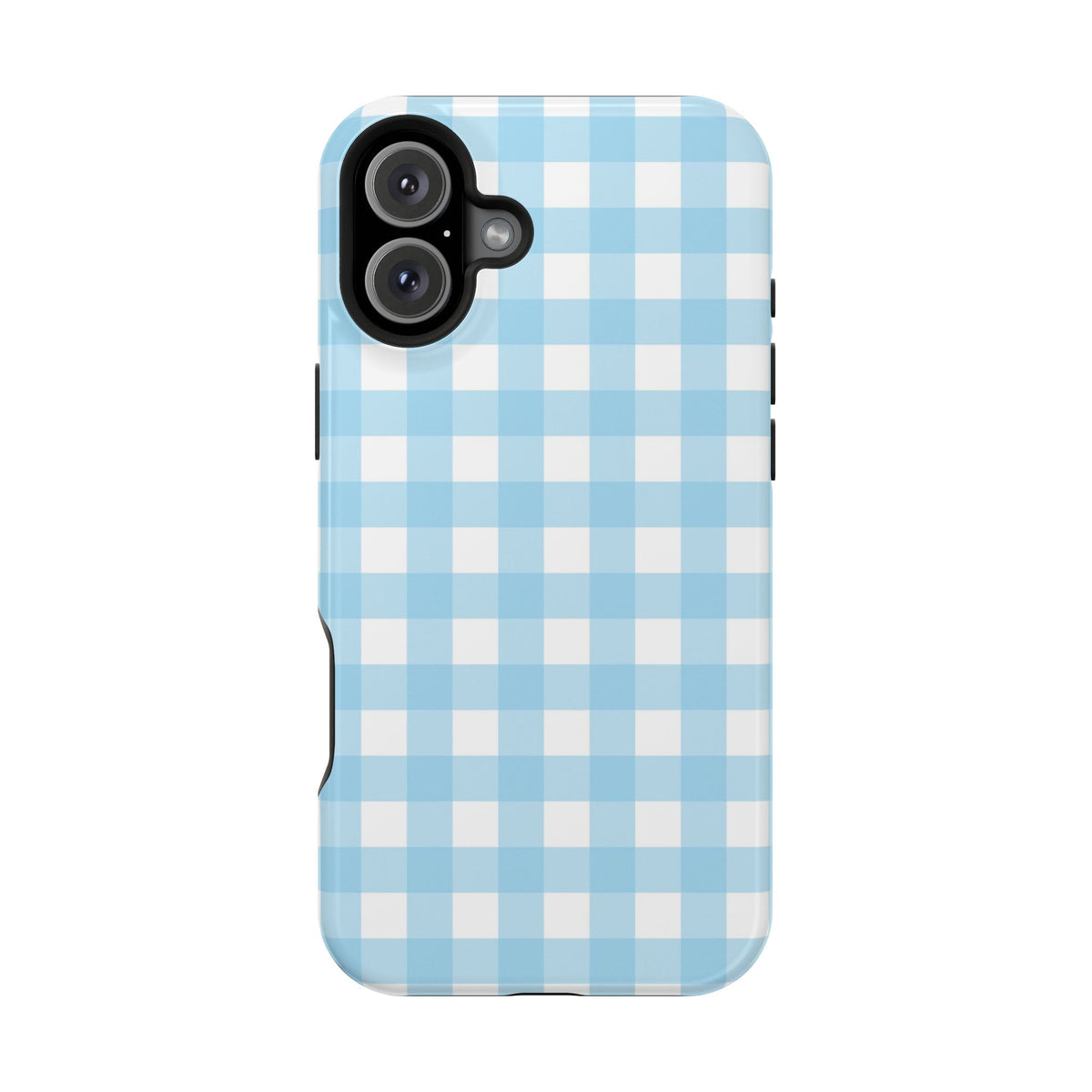Baby Blue Gingham MagSafe case for iPhone 16 Plus, glossy finish