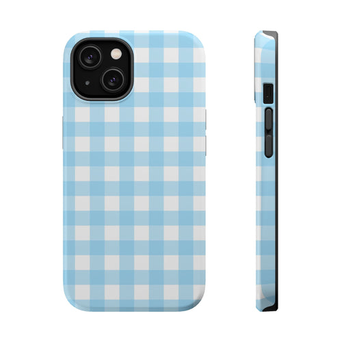 Baby Blue Gingham MagSafe case for iPhone 14, glossy finish