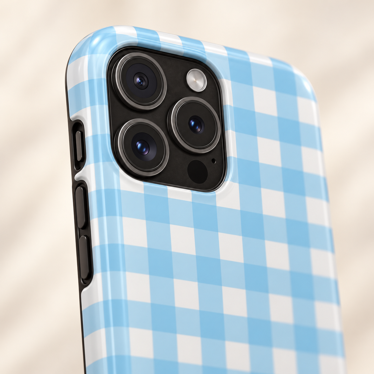 Baby Blue Gingham MagSafe case, baby blue gingham checks, lifestyle close-up of the camera