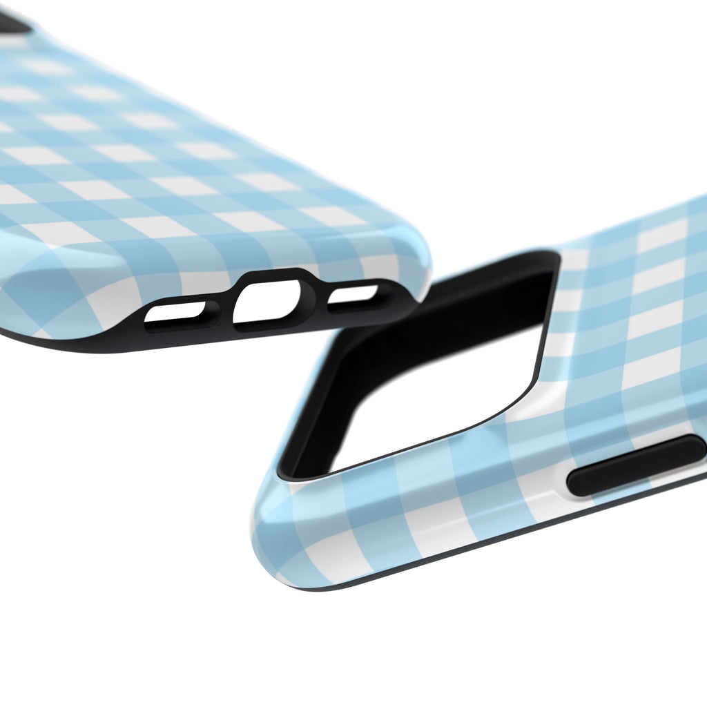 Baby Blue Gingham MagSafe case, close-up at an angle