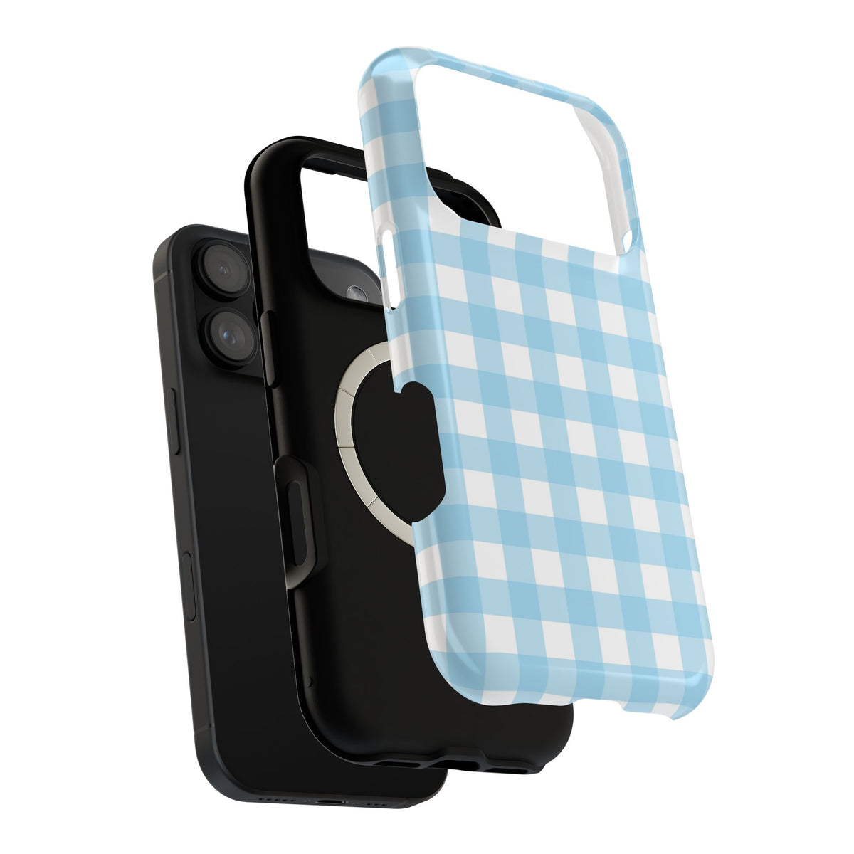 Baby Blue Gingham MagSafe case, close-up of the dual-layer construction