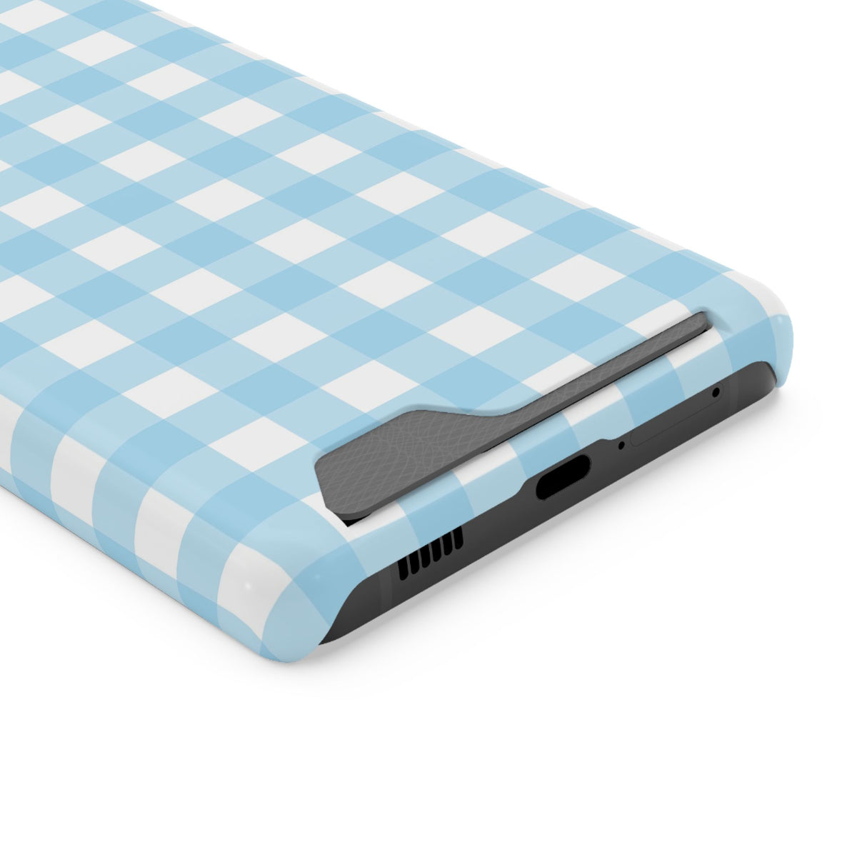 Baby Blue Gingham phone case with card holder for Samsung Galaxy S21 Ultra, glossy finish
