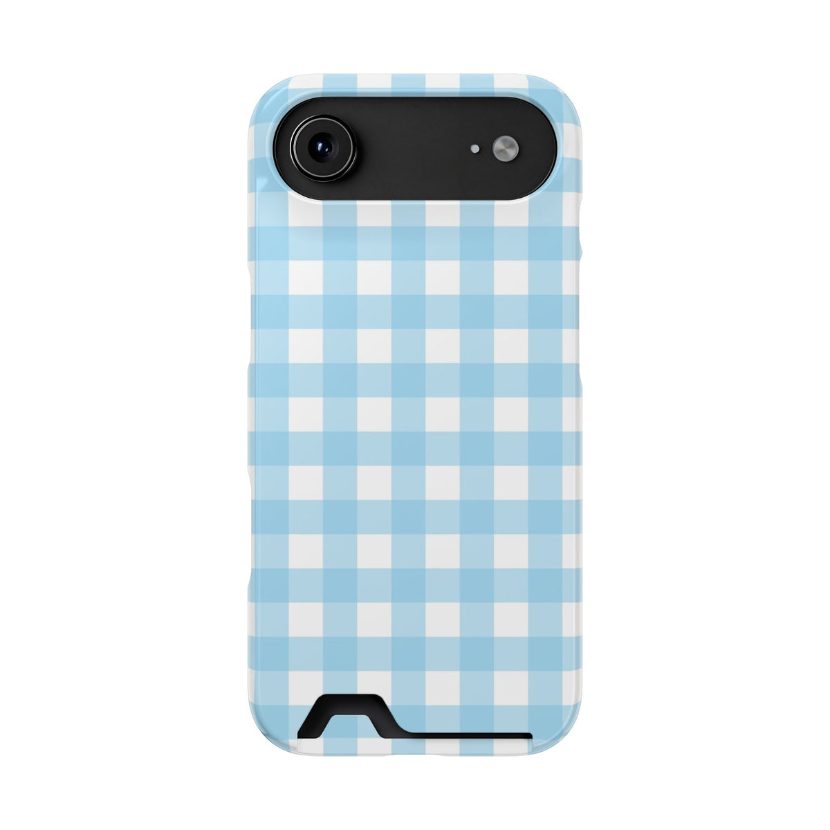 Baby Blue Gingham phone case with card holder for iPhone 17 Air, glossy finish