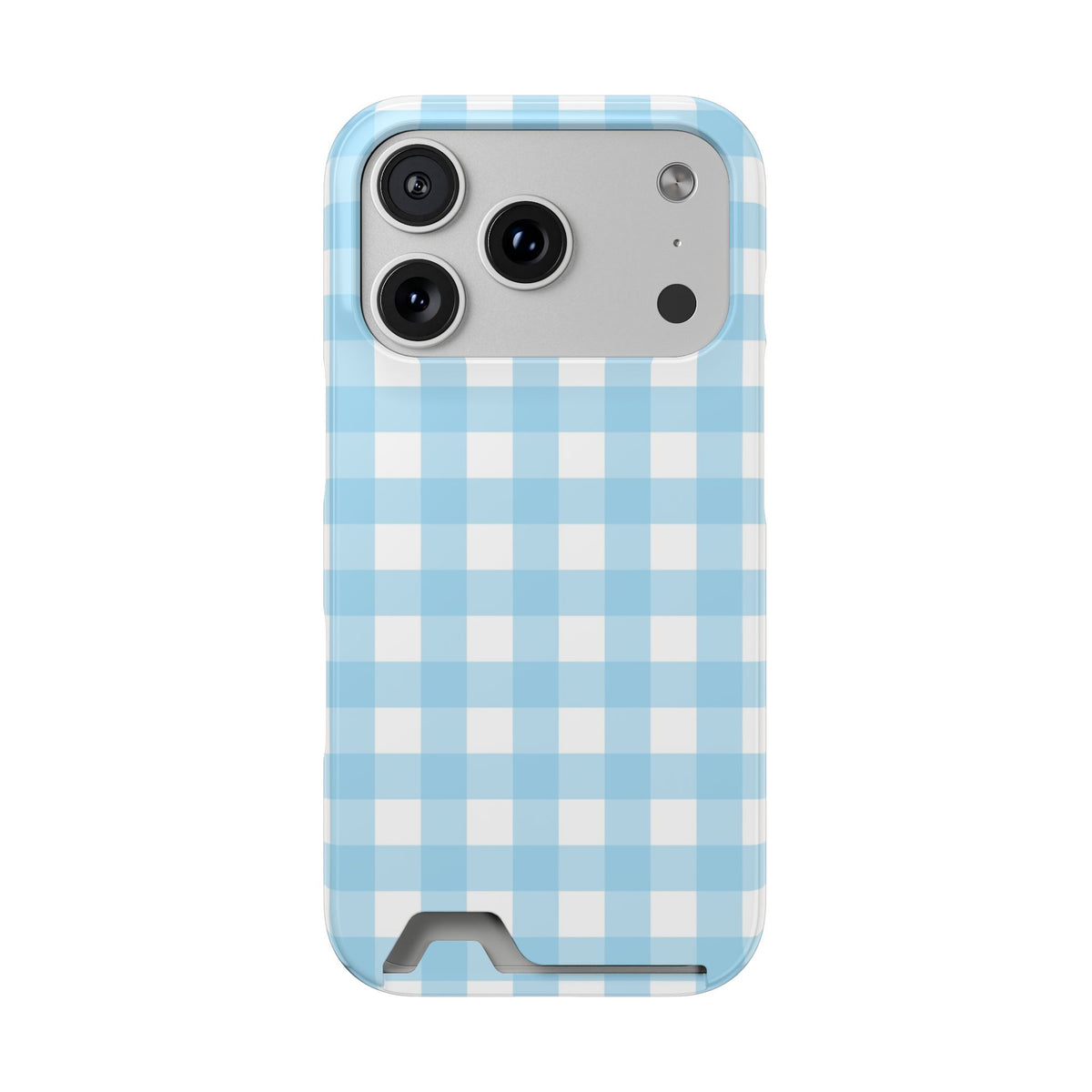 Baby Blue Gingham phone case with card holder for iPhone 17 Pro, glossy finish