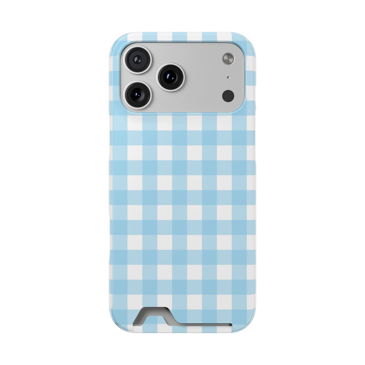 Baby Blue Gingham phone case with card holder for iPhone 17 Pro Max, glossy finish