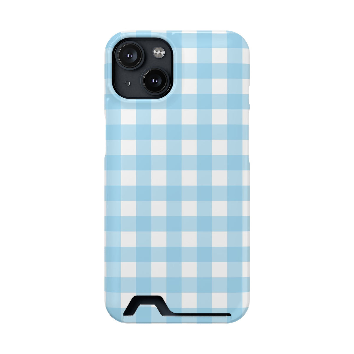 Baby Blue Gingham phone case with card holder for iPhone 14, glossy finish