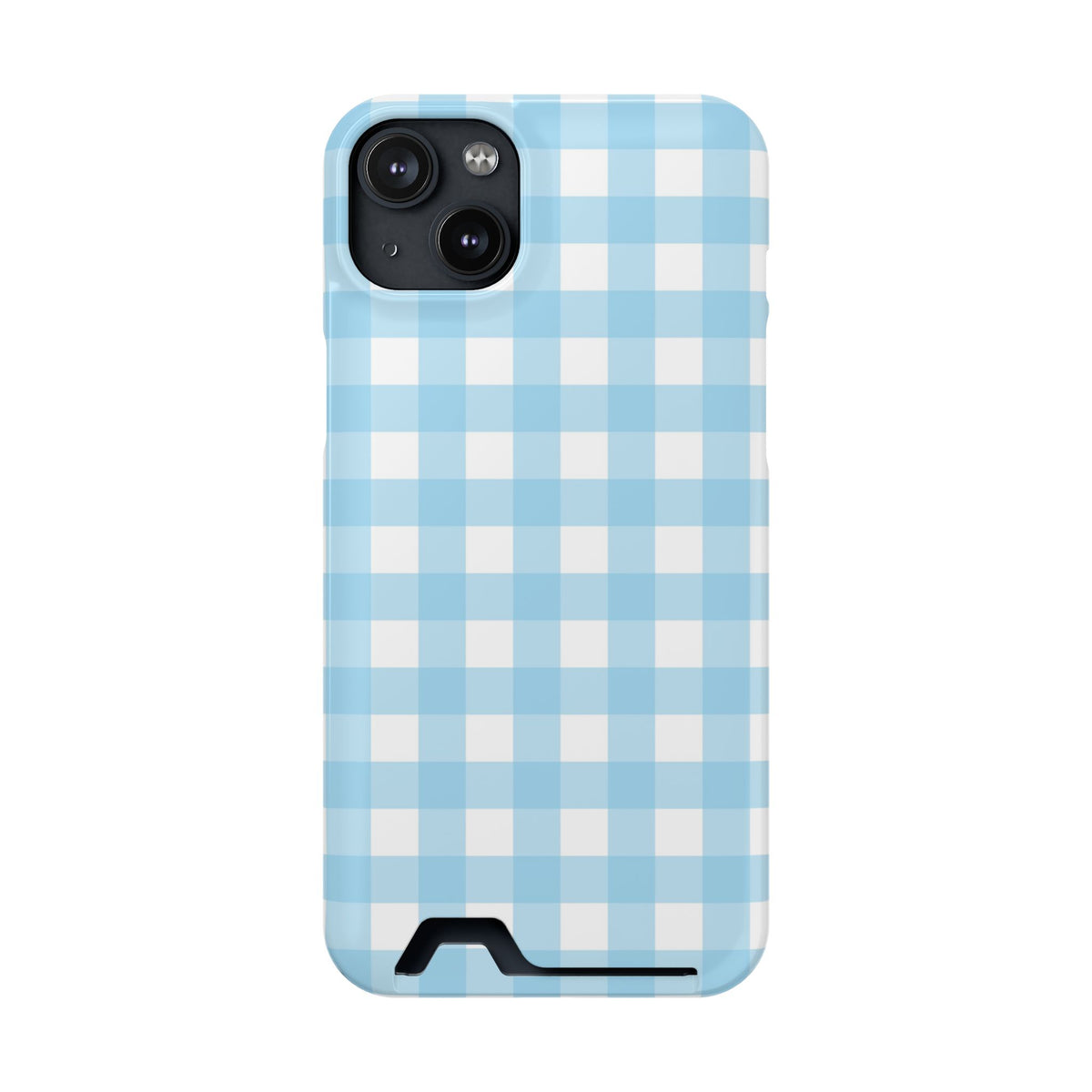 Baby Blue Gingham phone case with card holder for iPhone 14 Plus, glossy finish