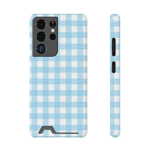 Baby Blue Gingham phone case with card holder for Samsung Galaxy S22 Plus, glossy finish