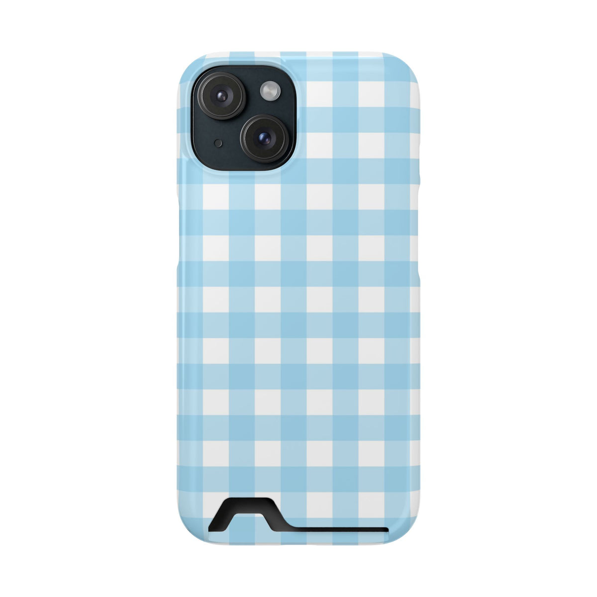 Baby Blue Gingham phone case with card holder for iPhone 15, glossy finish