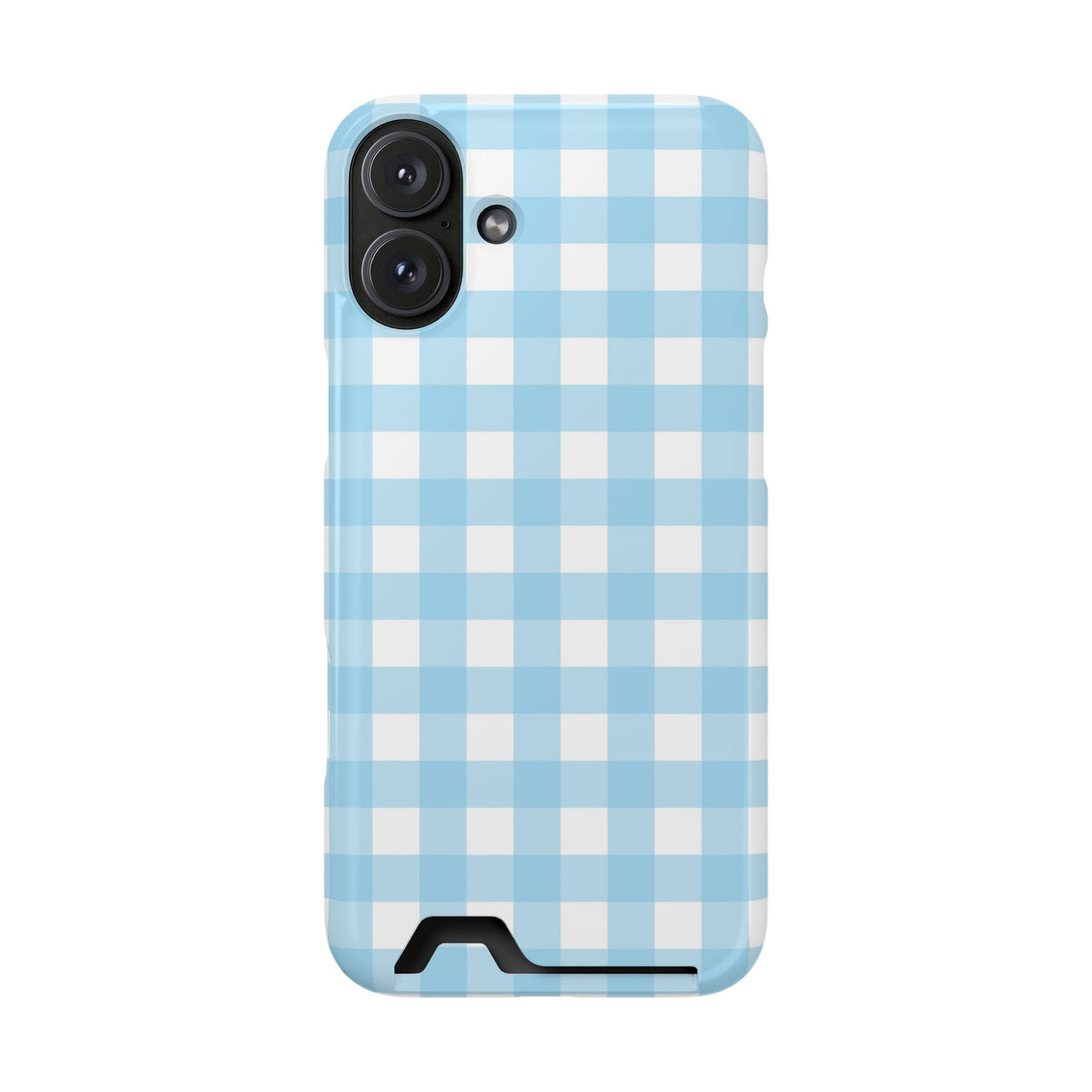 Baby Blue Gingham phone case with card holder for iPhone 16 Plus, glossy finish