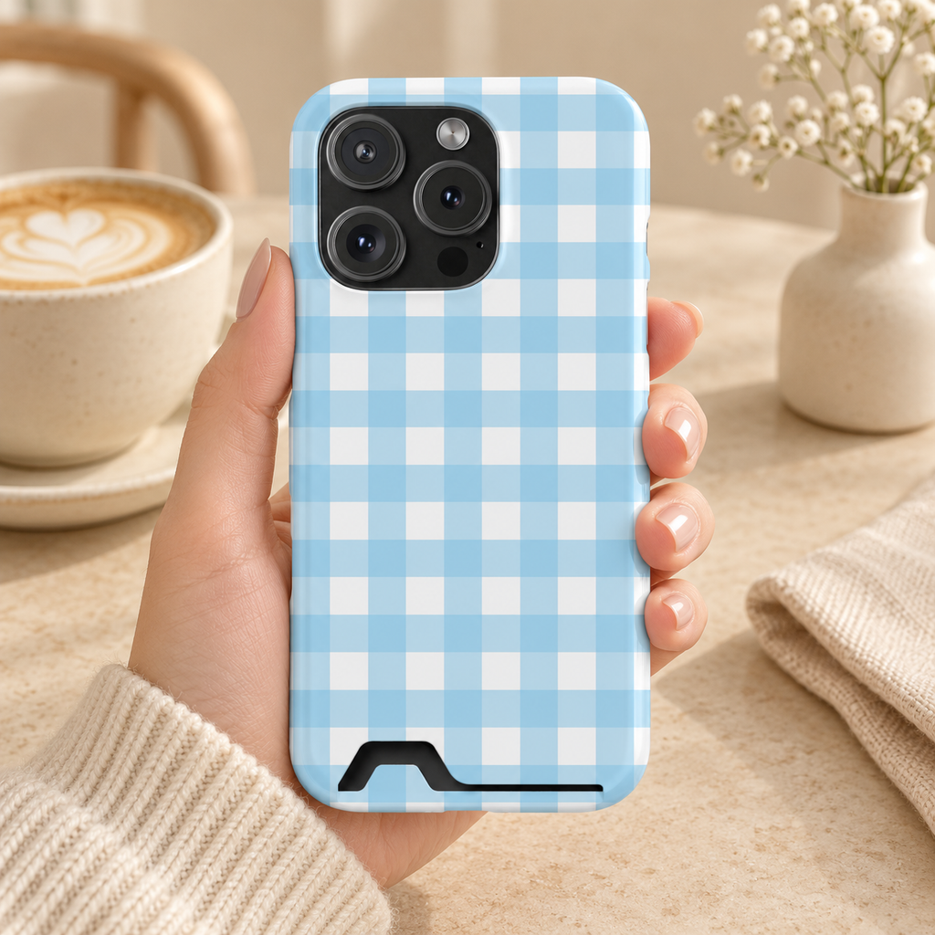 Baby Blue Gingham phone case with card holder, baby blue gingham checks, lifestyle photo in hand with coffee
