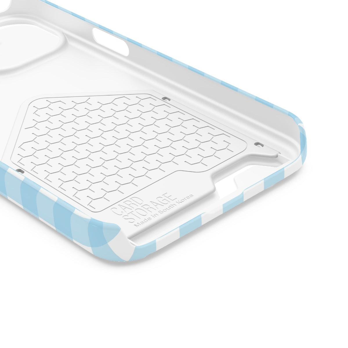 Baby Blue Gingham phone case with card holder for iPhone 13, glossy finish