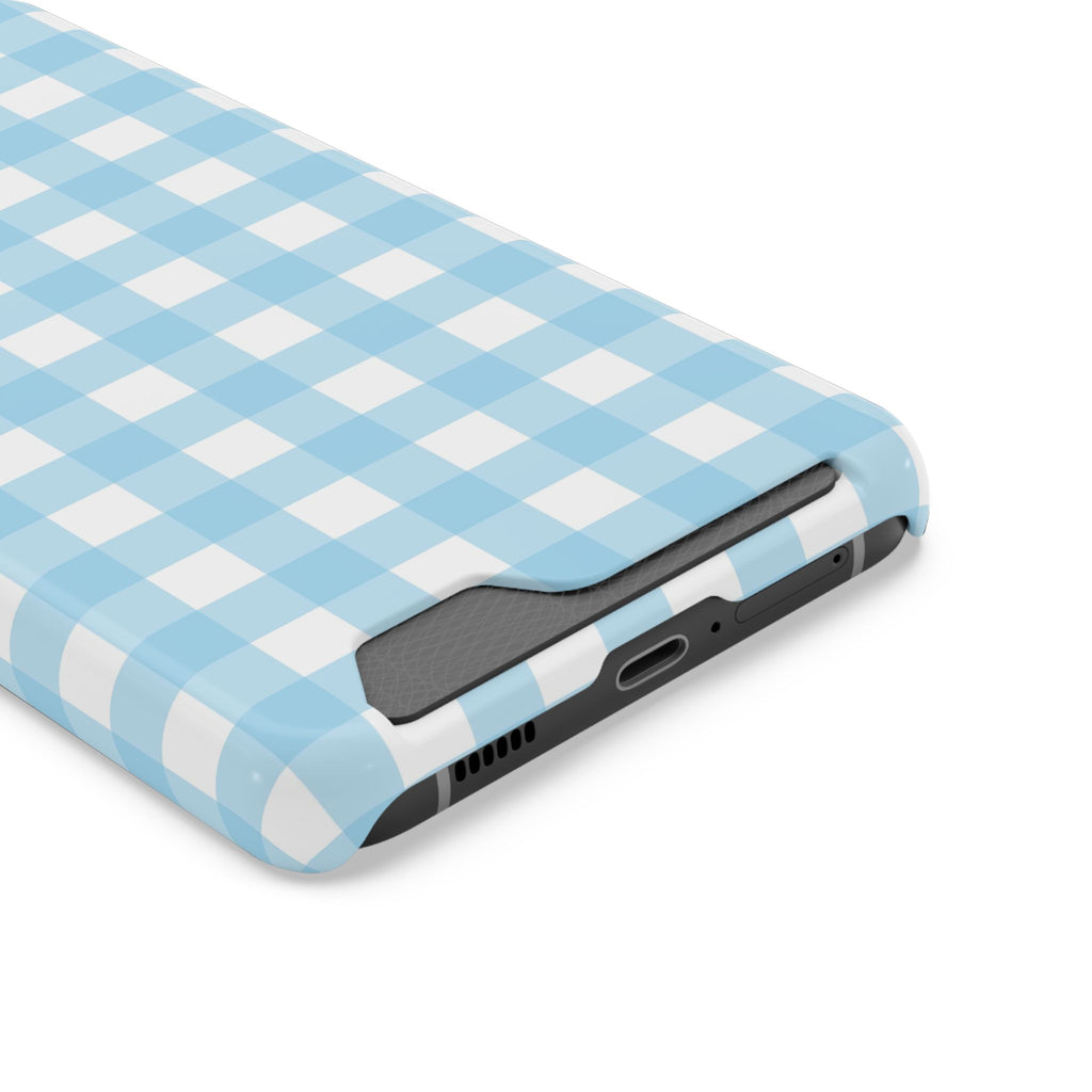 Baby Blue Gingham phone case with card holder, close-up of the card slot