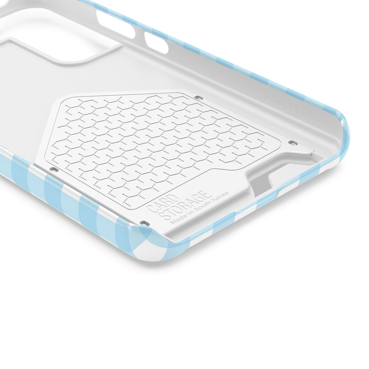 Baby Blue Gingham phone case with card holder, close-up of the inside