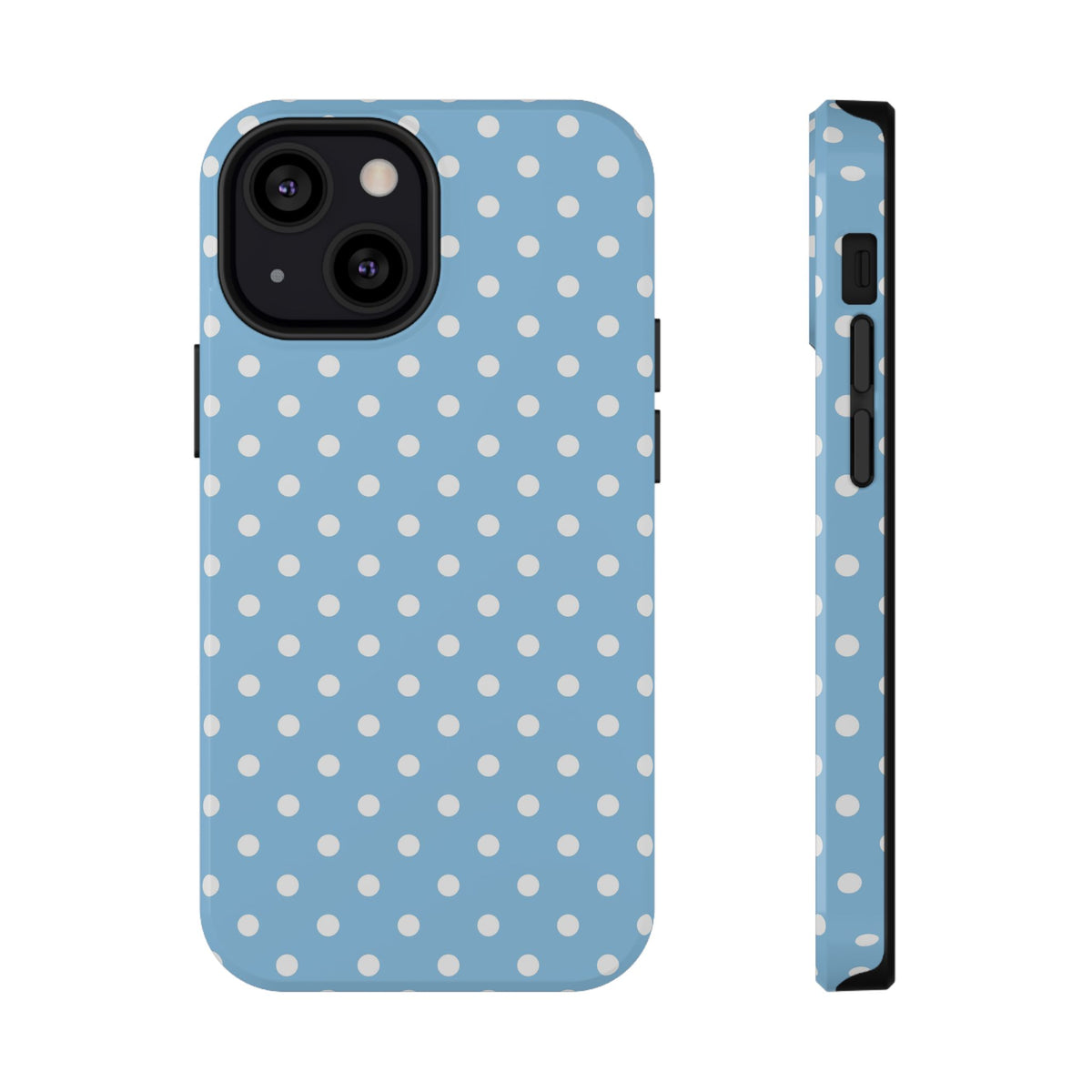 Baby Blue Polka Dot protective phone case for iPhone 13 Mini, glossy finish