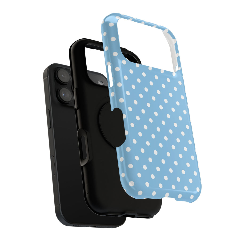 Baby Blue Polka Dot protective phone case, close-up of the dual-layer construction