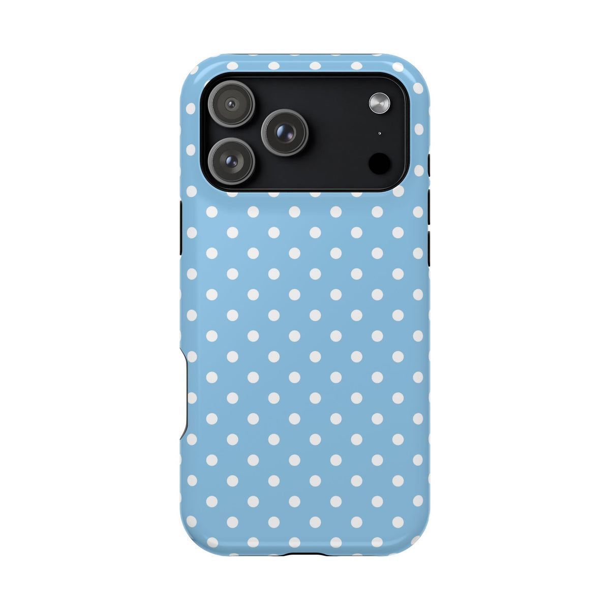 Baby Blue Polka Dot MagSafe case for iPhone 17 Pro Max, glossy finish
